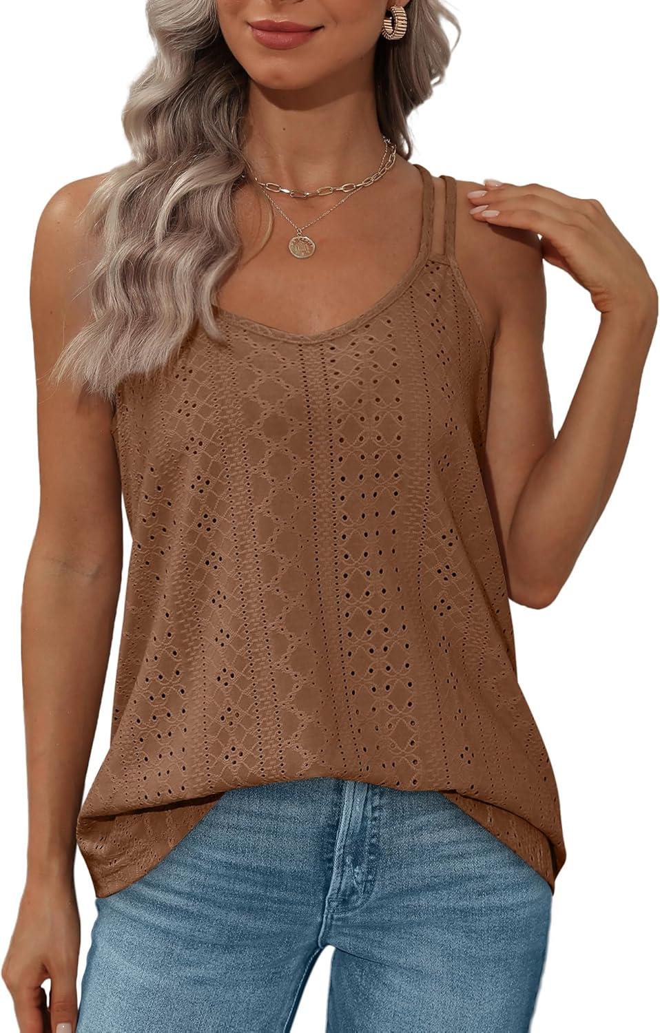 imageXIEERDUO Womens Tank Tops Spaghetti Strap Camisoles Eyelet Embroidery Scoop Neck TopsM8 Brown
