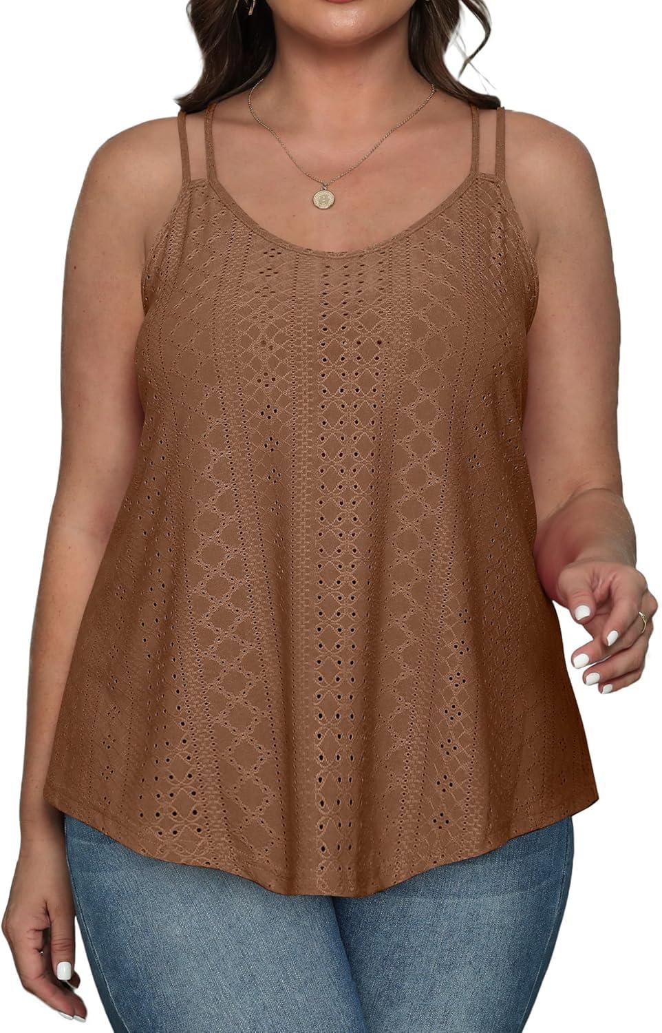 imageXIEERDUO Womens Tank Tops Spaghetti Strap Camisoles Eyelet Embroidery Scoop Neck TopsM8 Brown