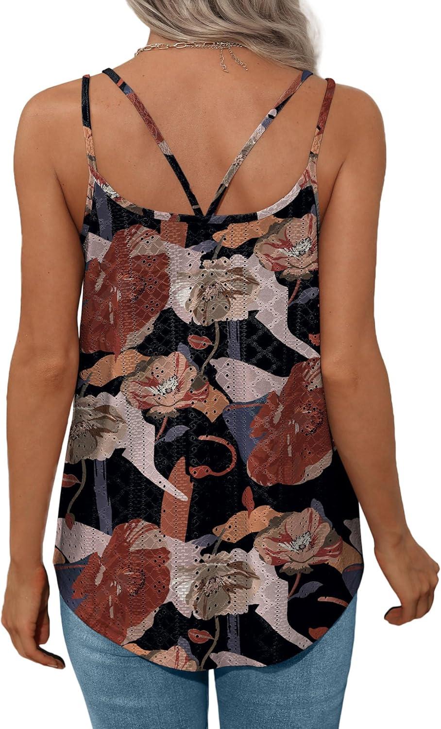 imageXIEERDUO Womens Tank Tops Spaghetti Strap Camisoles Eyelet Embroidery Scoop Neck TopsN Khaki Flower