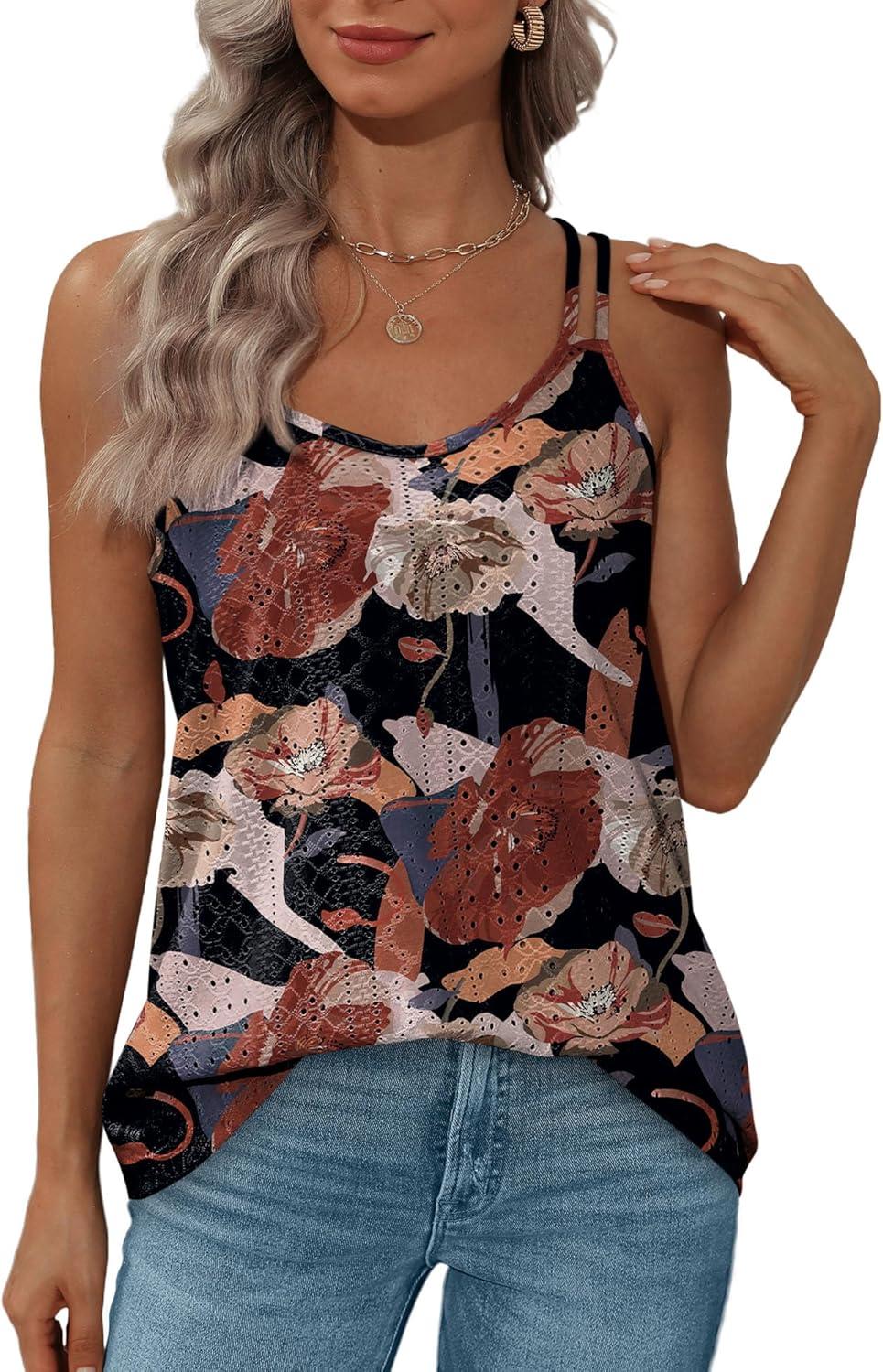 imageXIEERDUO Womens Tank Tops Spaghetti Strap Camisoles Eyelet Embroidery Scoop Neck TopsN Khaki Flower