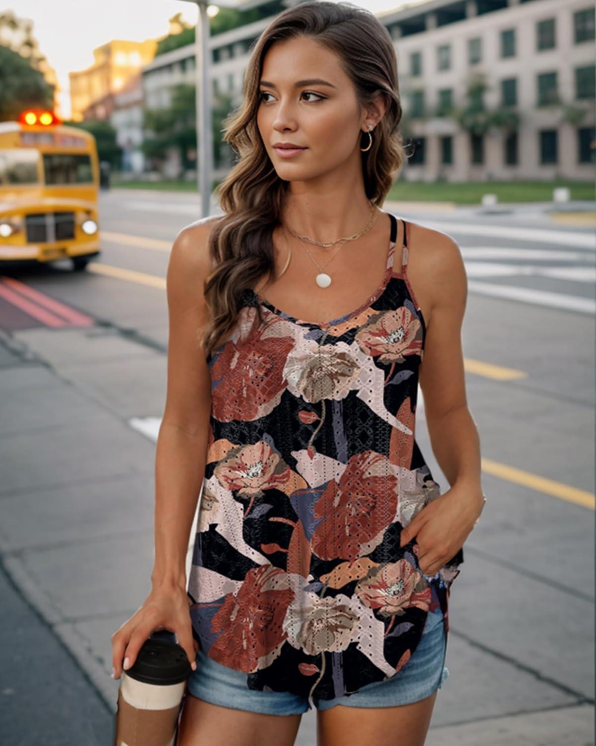 imageXIEERDUO Womens Tank Tops Spaghetti Strap Camisoles Eyelet Embroidery Scoop Neck TopsN Khaki Flower