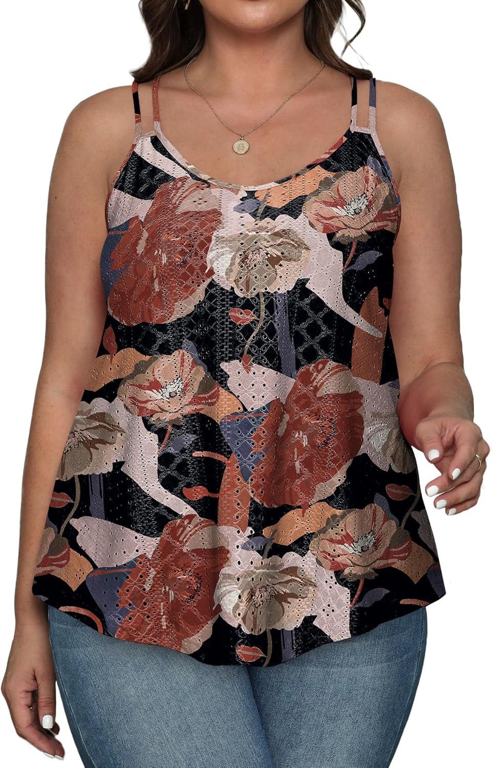 imageXIEERDUO Womens Tank Tops Spaghetti Strap Camisoles Eyelet Embroidery Scoop Neck TopsN Khaki Flower
