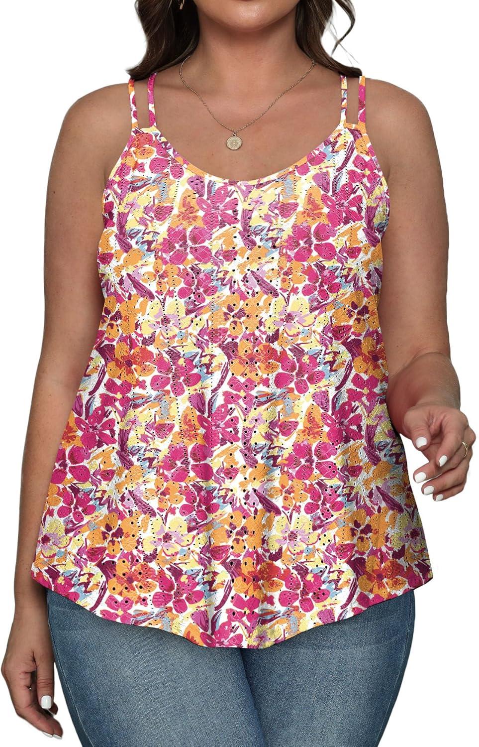 imageXIEERDUO Womens Tank Tops Spaghetti Strap Camisoles Eyelet Embroidery Scoop Neck TopsP Pink Flower