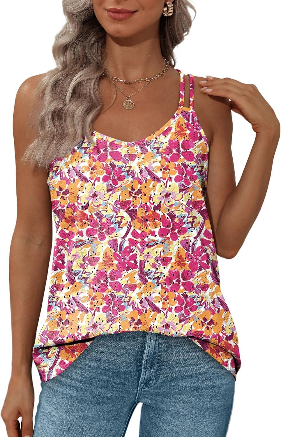 imageXIEERDUO Womens Tank Tops Spaghetti Strap Camisoles Eyelet Embroidery Scoop Neck TopsP Pink Flower