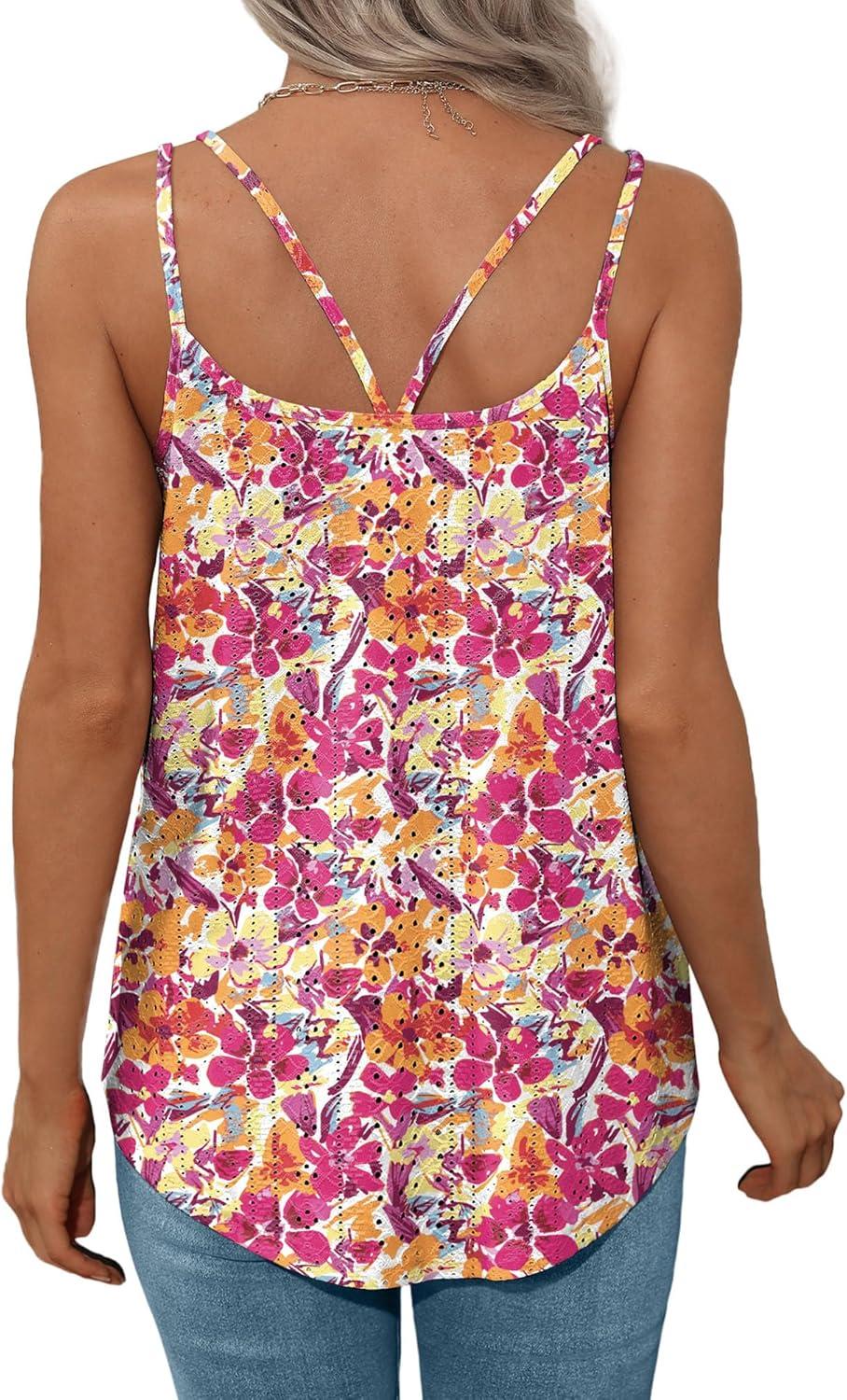 imageXIEERDUO Womens Tank Tops Spaghetti Strap Camisoles Eyelet Embroidery Scoop Neck TopsP Pink Flower