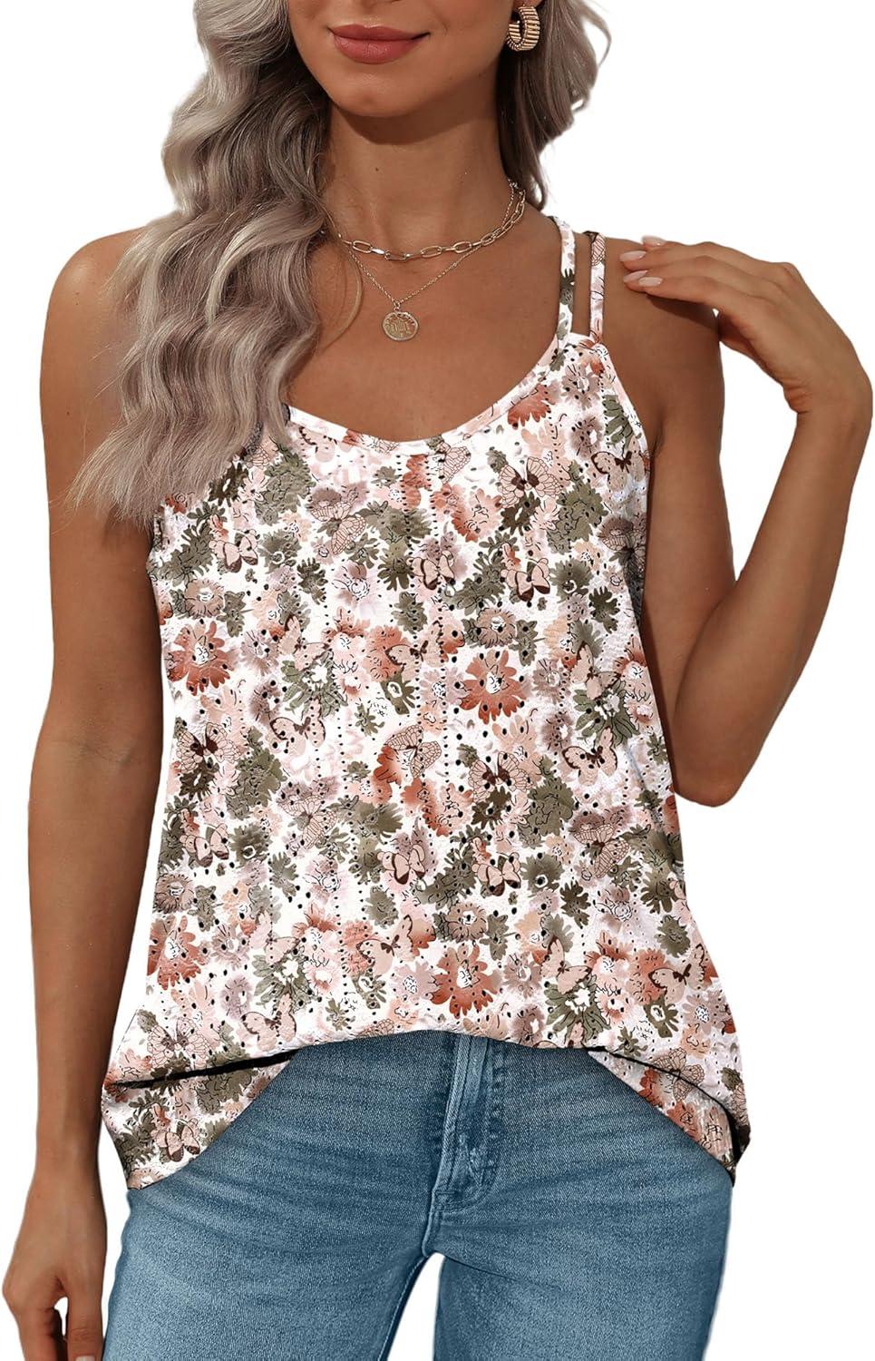 imageXIEERDUO Womens Tank Tops Spaghetti Strap Camisoles Eyelet Embroidery Scoop Neck TopsQ Multicolor