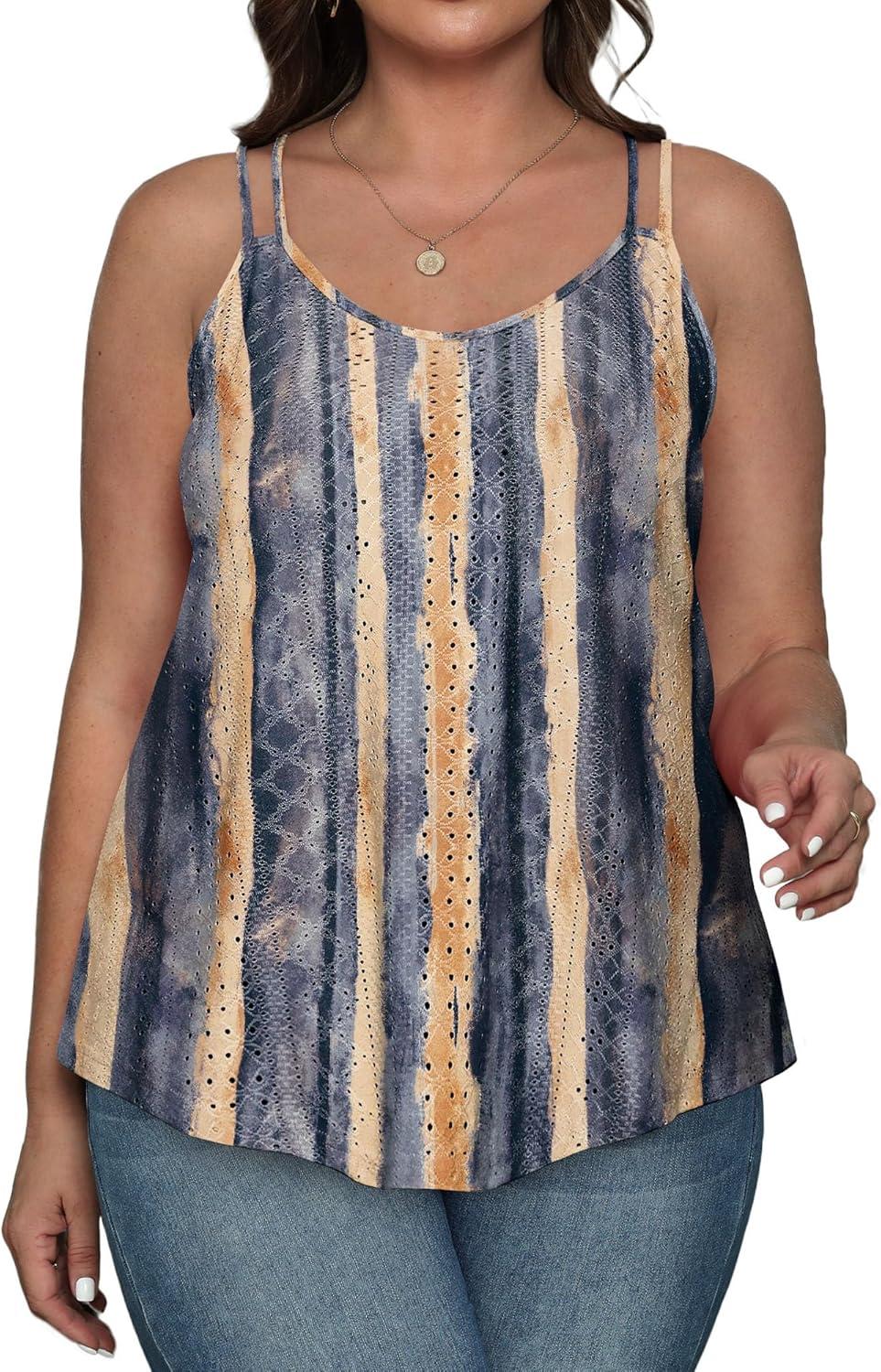 imageXIEERDUO Womens Tank Tops Spaghetti Strap Camisoles Eyelet Embroidery Scoop Neck TopsR Blue Stripe