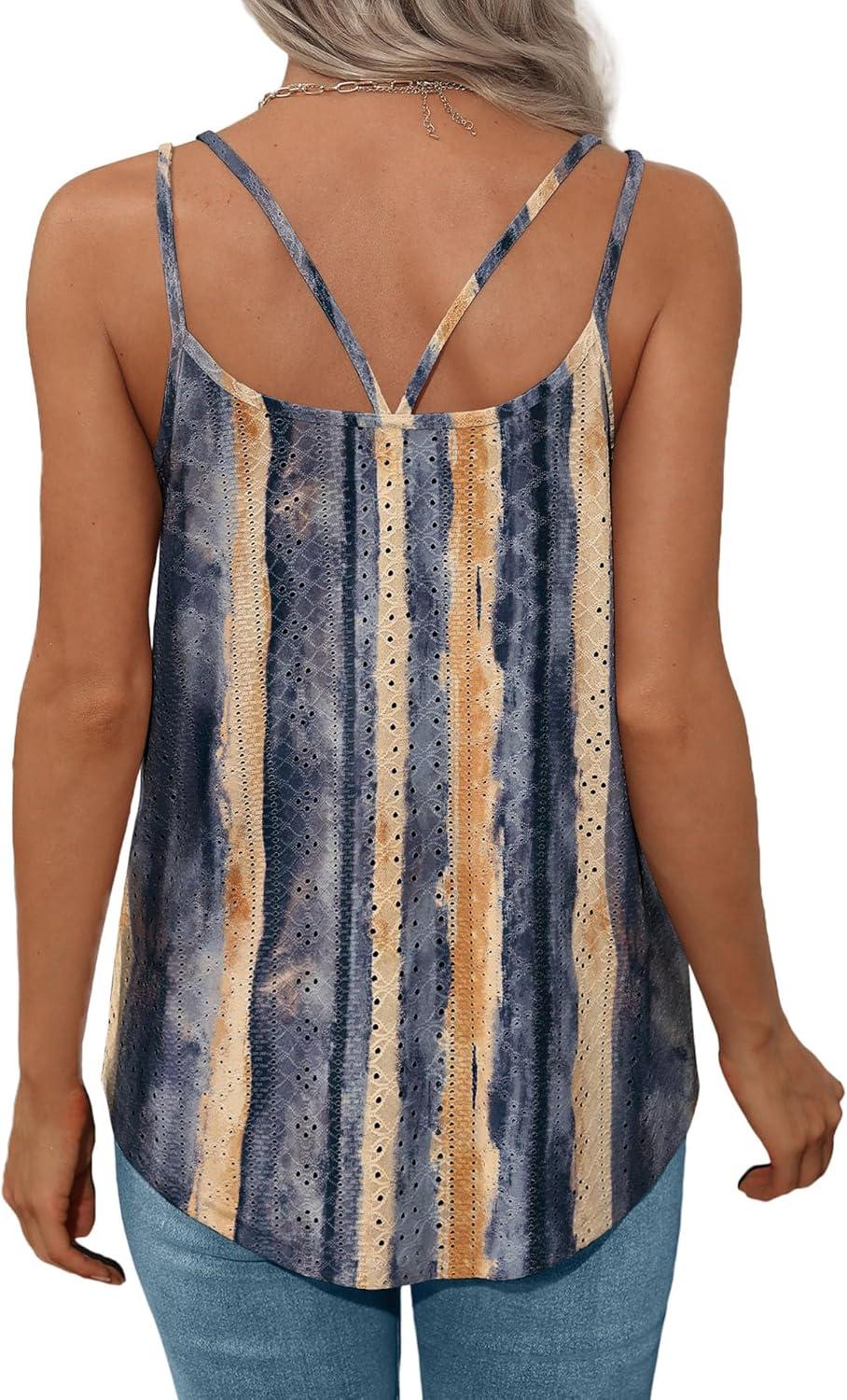 imageXIEERDUO Womens Tank Tops Spaghetti Strap Camisoles Eyelet Embroidery Scoop Neck TopsR Blue Stripe