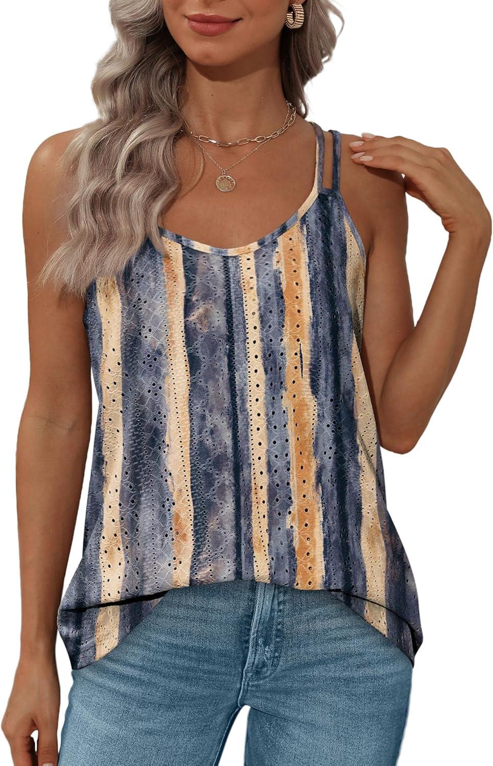 imageXIEERDUO Womens Tank Tops Spaghetti Strap Camisoles Eyelet Embroidery Scoop Neck TopsR Blue Stripe