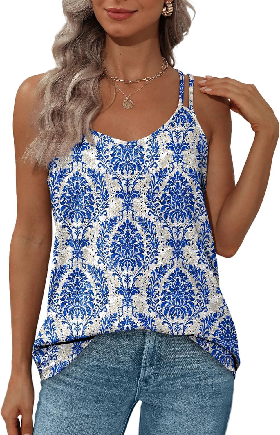 imageXIEERDUO Womens Tank Tops Spaghetti Strap Camisoles Eyelet Embroidery Scoop Neck TopsS Blue Floral