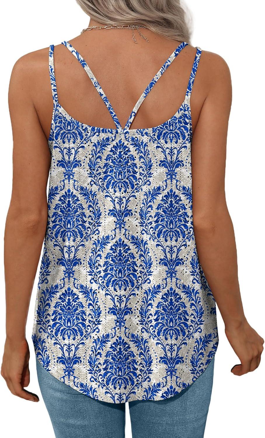 imageXIEERDUO Womens Tank Tops Spaghetti Strap Camisoles Eyelet Embroidery Scoop Neck TopsS Blue Floral