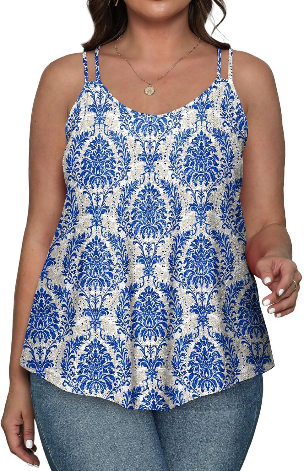 imageXIEERDUO Womens Tank Tops Spaghetti Strap Camisoles Eyelet Embroidery Scoop Neck TopsS Blue Floral