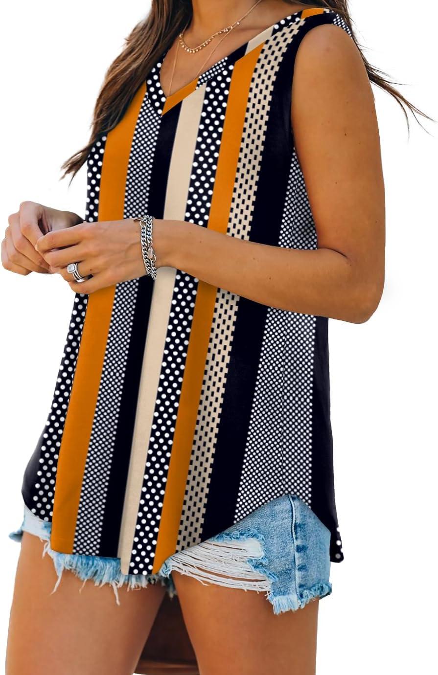 imageXIEERDUO Womens Tank Tops V Neck Basic Solid Color Casual Flowy Summer Sleeveless01khaki Stripe