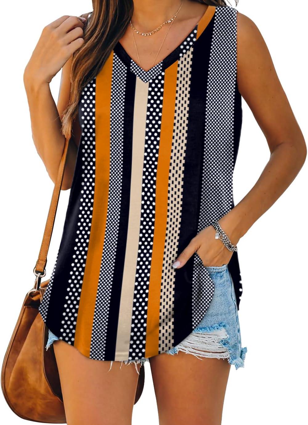 imageXIEERDUO Womens Tank Tops V Neck Basic Solid Color Casual Flowy Summer Sleeveless01khaki Stripe