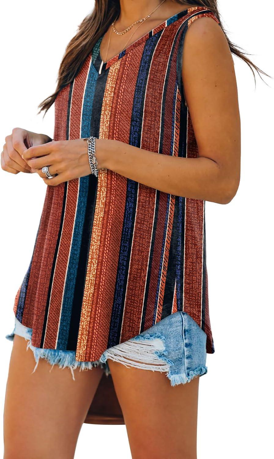 imageXIEERDUO Womens Tank Tops V Neck Basic Solid Color Casual Flowy Summer SleevelessBrown Stripe