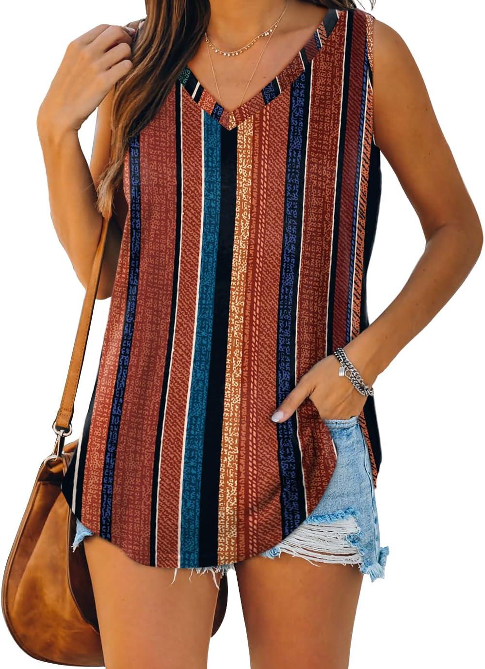 imageXIEERDUO Womens Tank Tops V Neck Basic Solid Color Casual Flowy Summer SleevelessBrown Stripe