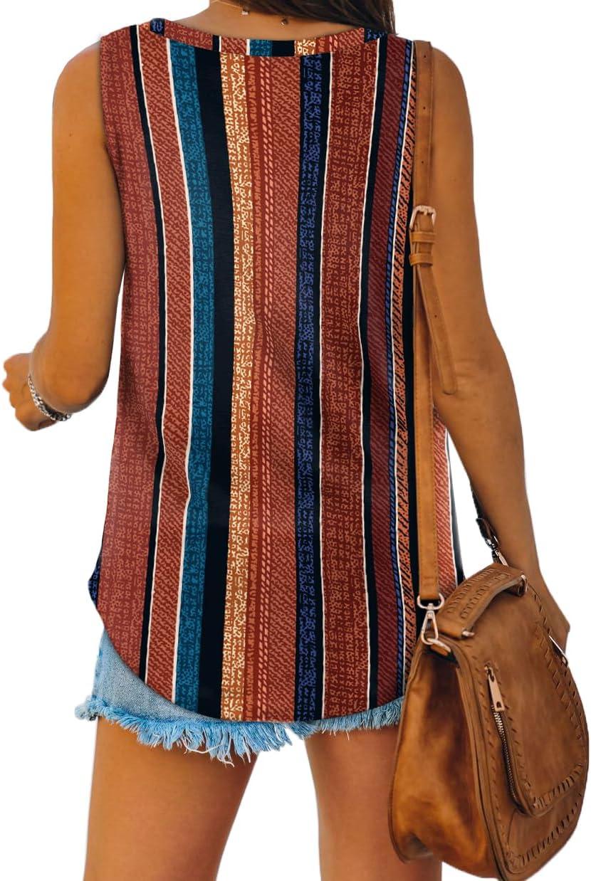 imageXIEERDUO Womens Tank Tops V Neck Basic Solid Color Casual Flowy Summer SleevelessBrown Stripe