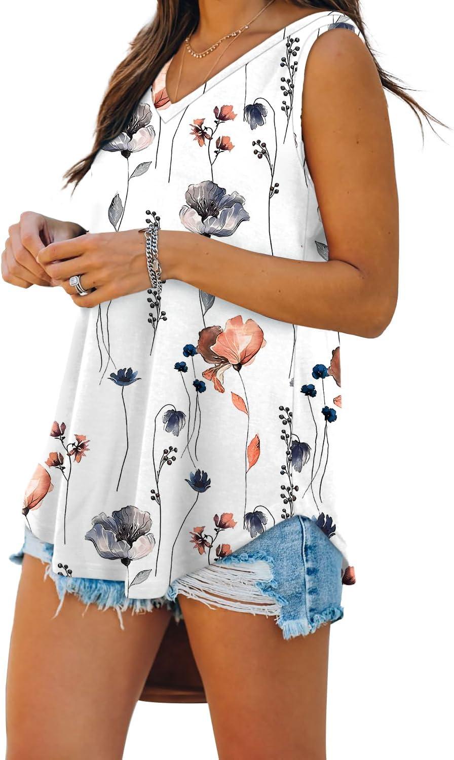 imageXIEERDUO Womens Tank Tops V Neck Basic Solid Color Casual Flowy Summer SleevelessPatternedwhite Floral