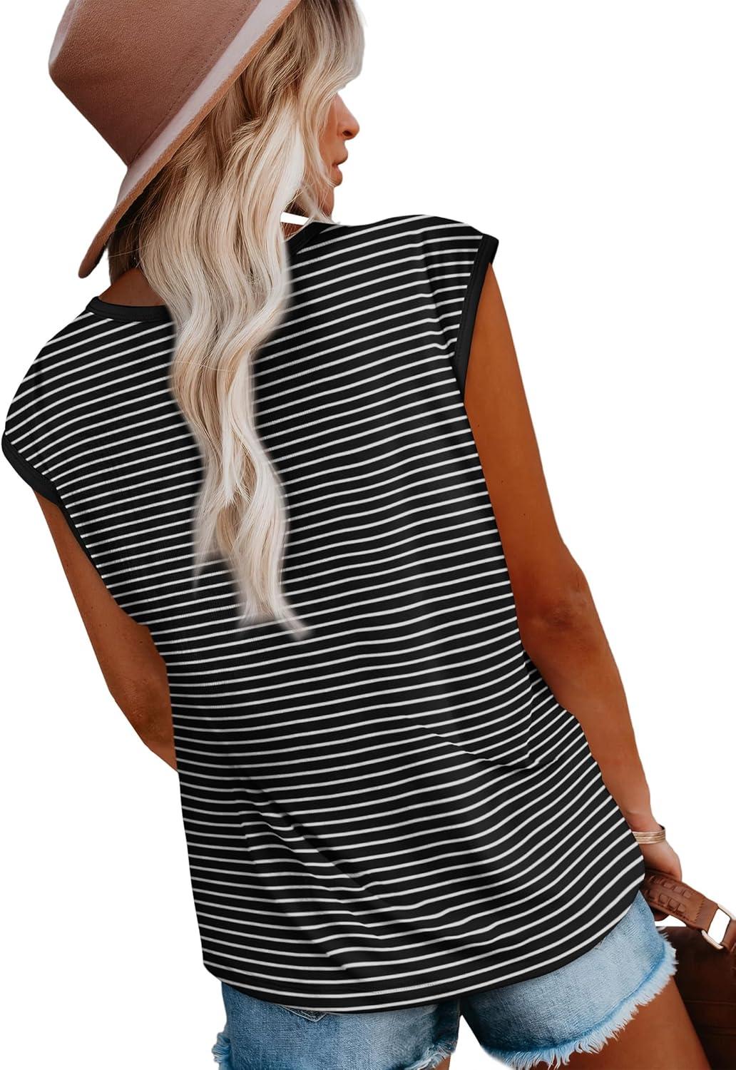 imageXIEERDUO Womens Tops Dressy Casual Summer Striped Shirts Cap Sleeve Tops Color Block Loose FitBlackwhite Black