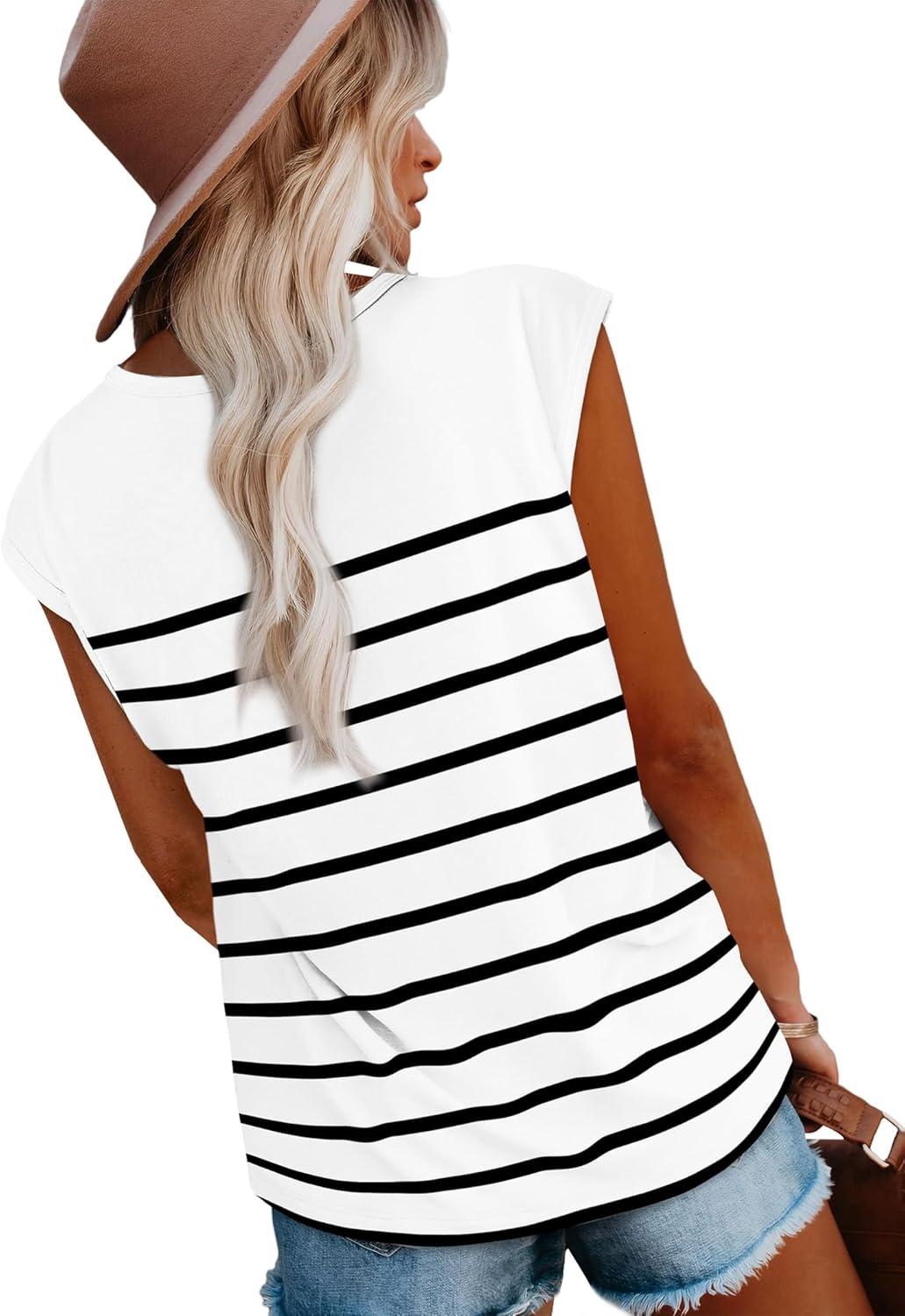 imageXIEERDUO Womens Tops Dressy Casual Summer Striped Shirts Cap Sleeve Tops Color Block Loose FitWhite Black
