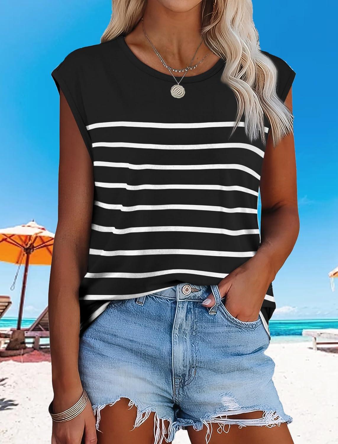 imageXIEERDUO Womens Tops Dressy Casual Summer Striped Shirts Cap Sleeve Tops Color Block Loose FitWhite Blacks
