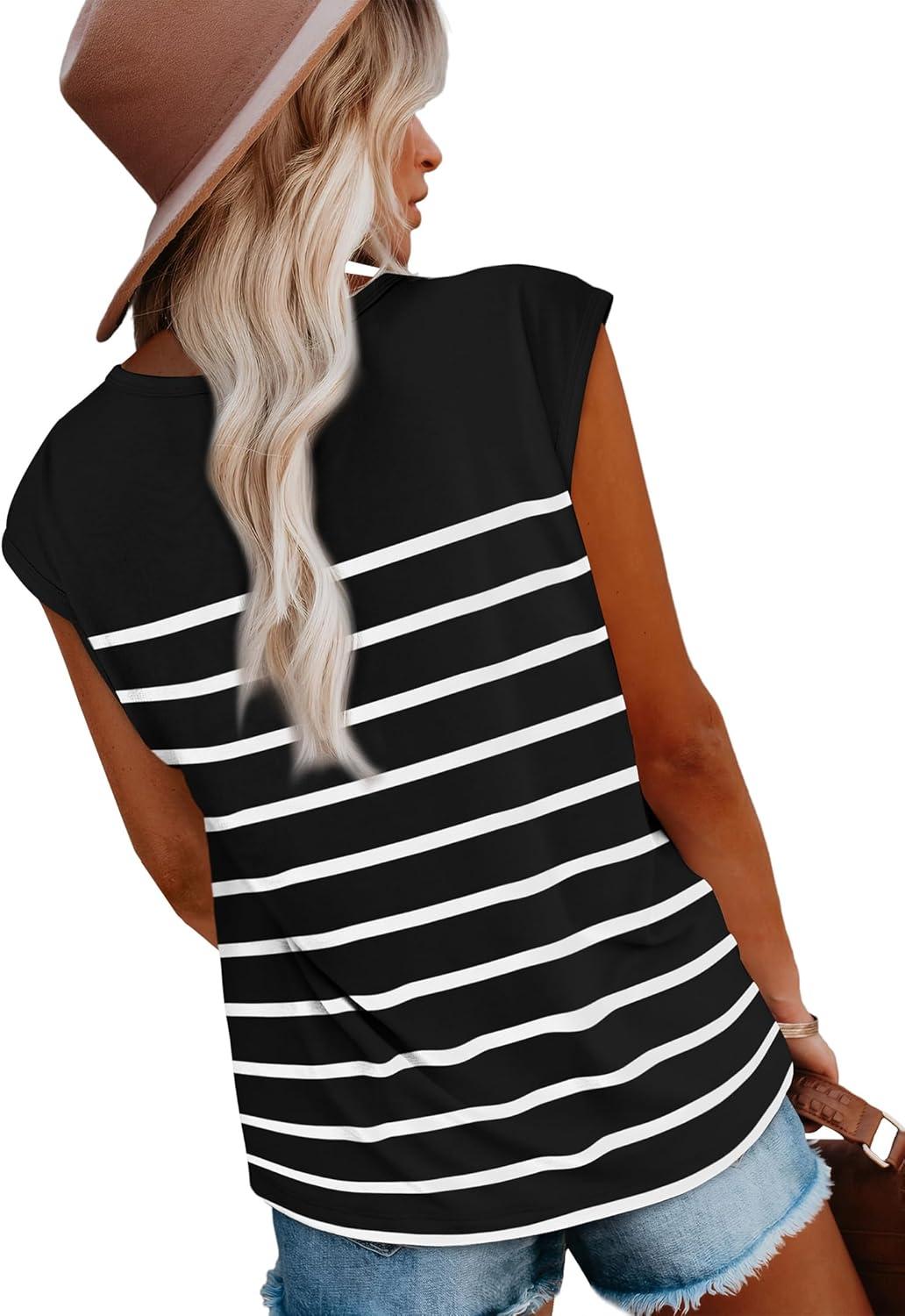 imageXIEERDUO Womens Tops Dressy Casual Summer Striped Shirts Cap Sleeve Tops Color Block Loose FitWhite Blacks
