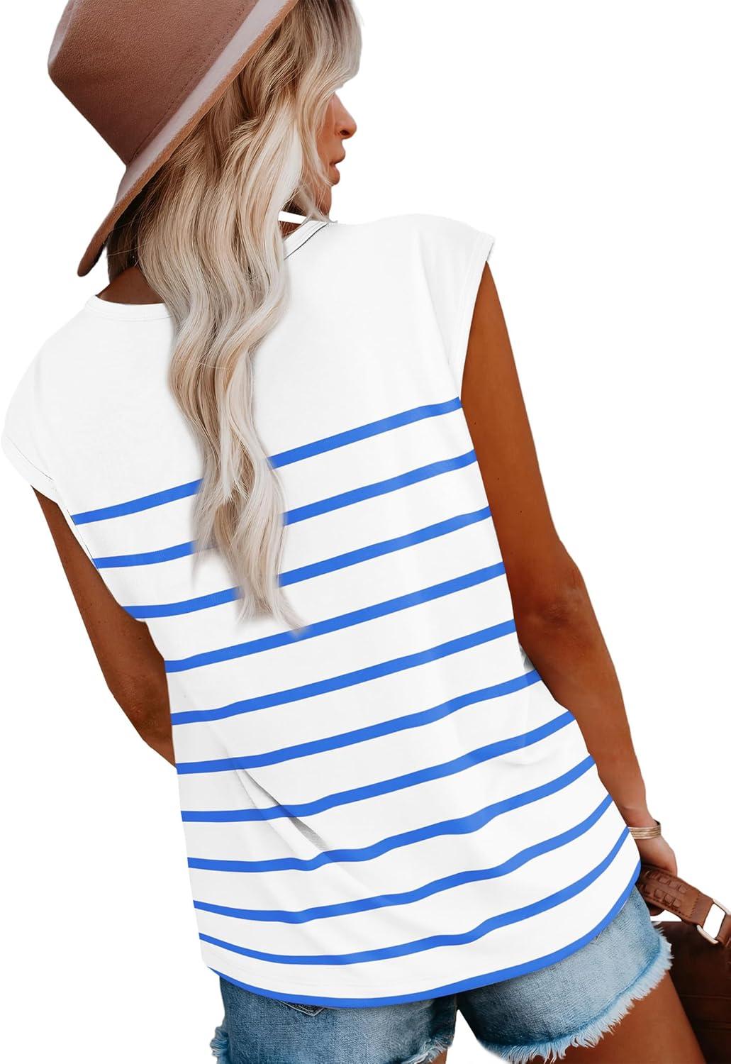 imageXIEERDUO Womens Tops Dressy Casual Summer Striped Shirts Cap Sleeve Tops Color Block Loose FitWhite Blue