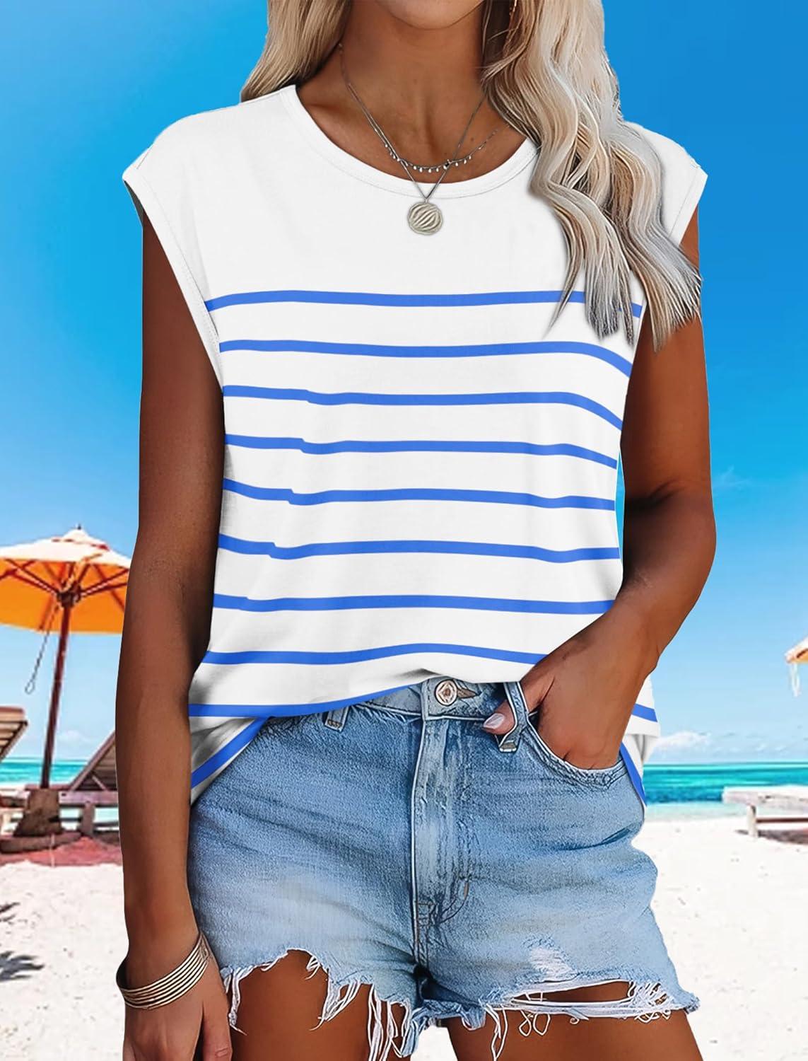 imageXIEERDUO Womens Tops Dressy Casual Summer Striped Shirts Cap Sleeve Tops Color Block Loose FitWhite Blue