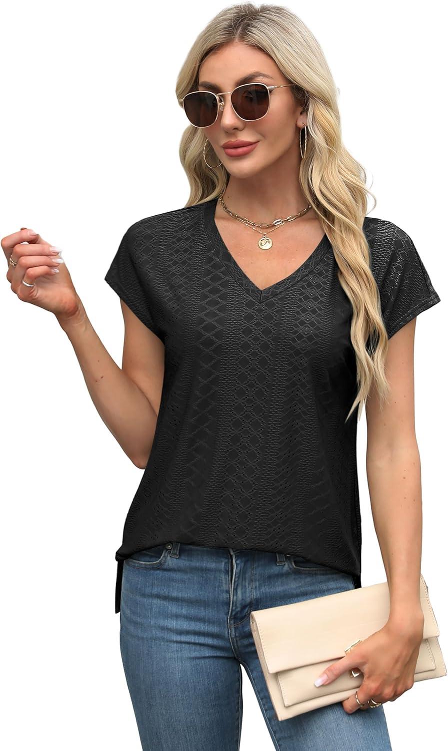 imageXIEERDUO Womens Tops V Neck Cap Sleeve Loose Fit Tee Shirts Summer Spring 2025 EyeletPrintedEyelet Black