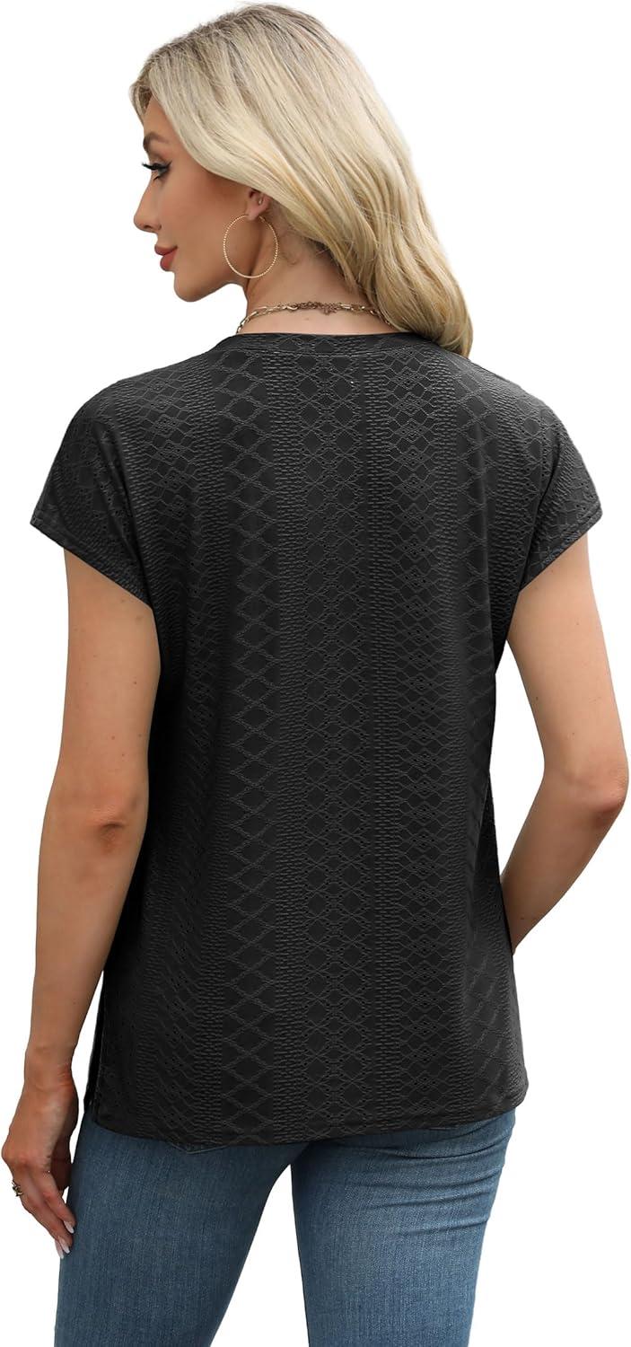 imageXIEERDUO Womens Tops V Neck Cap Sleeve Loose Fit Tee Shirts Summer Spring 2025 EyeletPrintedEyelet Black