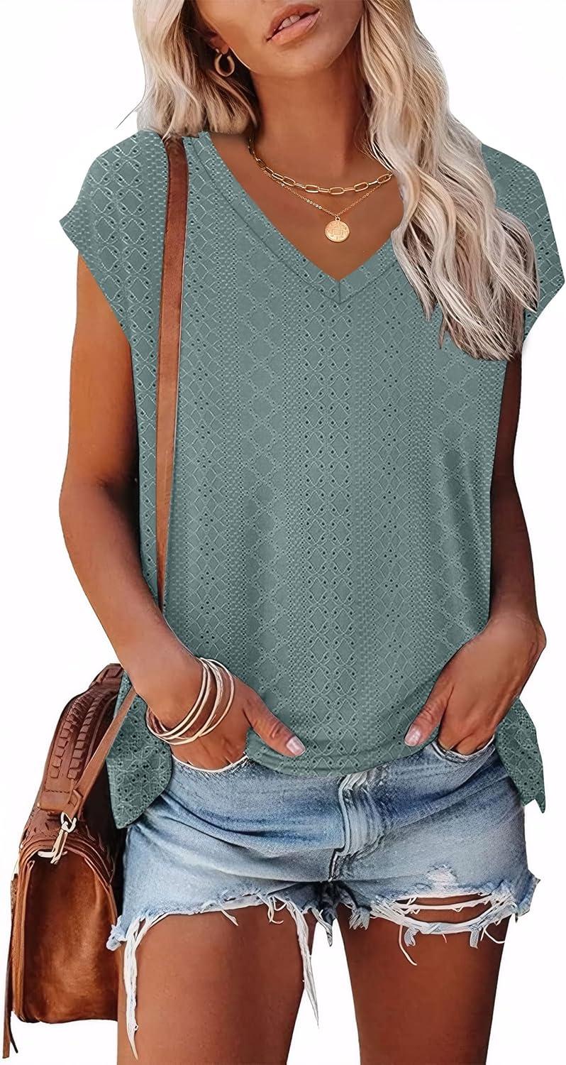 imageXIEERDUO Womens Tops V Neck Cap Sleeve Loose Fit Tee Shirts Summer Spring 2025 EyeletPrintedEyelet Green