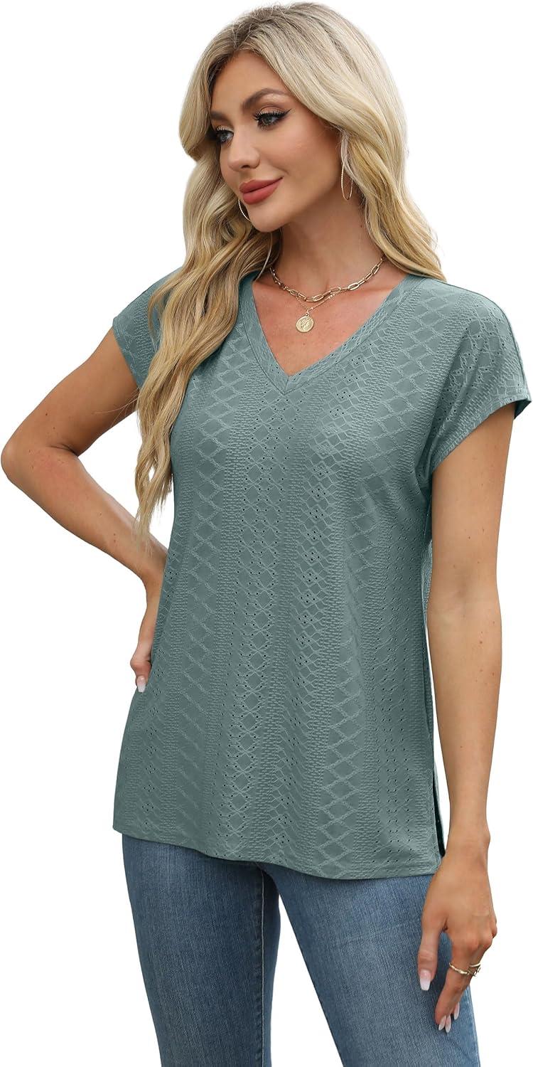 imageXIEERDUO Womens Tops V Neck Cap Sleeve Loose Fit Tee Shirts Summer Spring 2025 EyeletPrintedEyelet Green