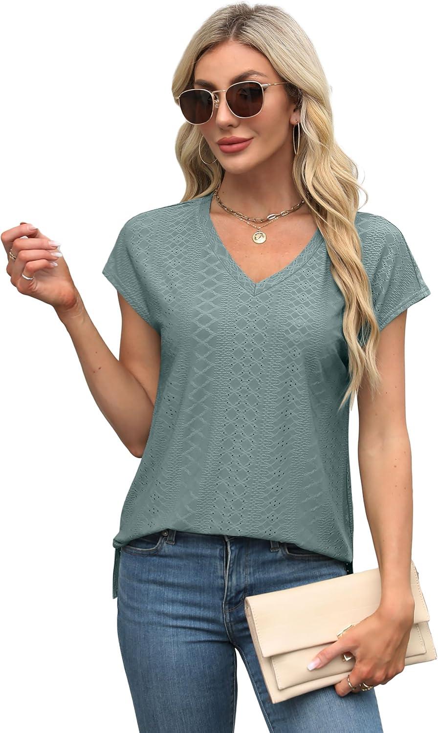 imageXIEERDUO Womens Tops V Neck Cap Sleeve Loose Fit Tee Shirts Summer Spring 2025 EyeletPrintedEyelet Green