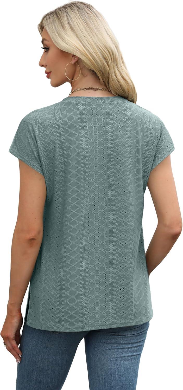 imageXIEERDUO Womens Tops V Neck Cap Sleeve Loose Fit Tee Shirts Summer Spring 2025 EyeletPrintedEyelet Green