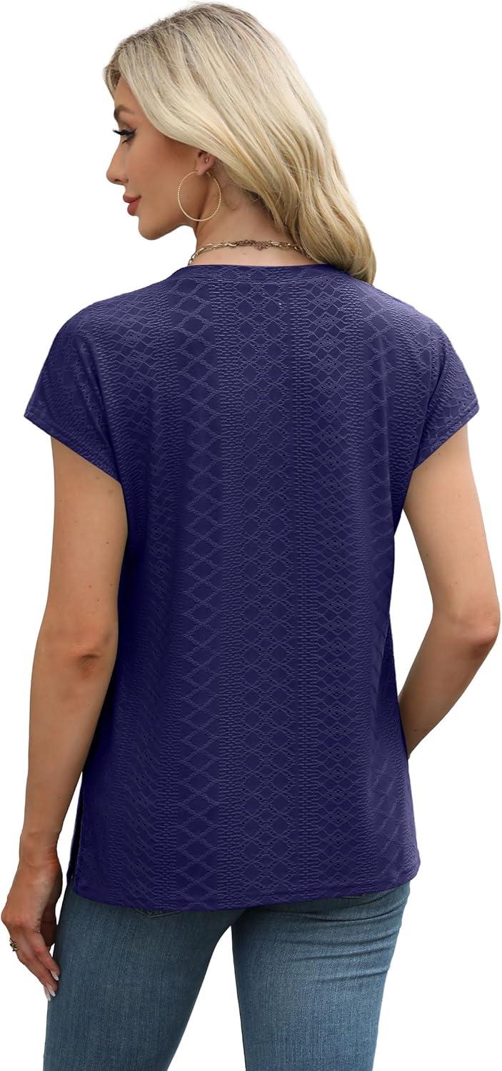 imageXIEERDUO Womens Tops V Neck Cap Sleeve Loose Fit Tee Shirts Summer Spring 2025 EyeletPrintedEyelet Navy