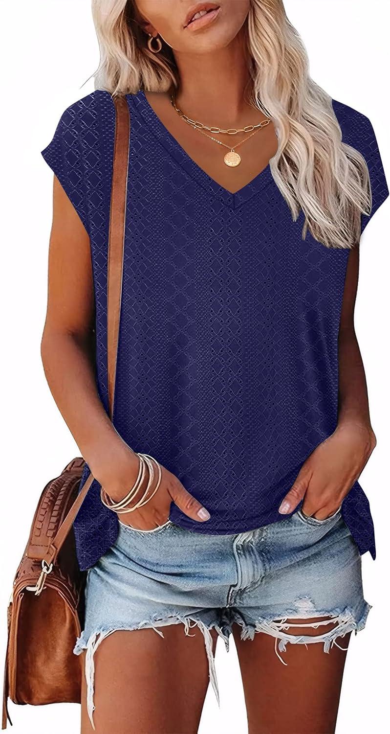 imageXIEERDUO Womens Tops V Neck Cap Sleeve Loose Fit Tee Shirts Summer Spring 2025 EyeletPrintedEyelet Navy