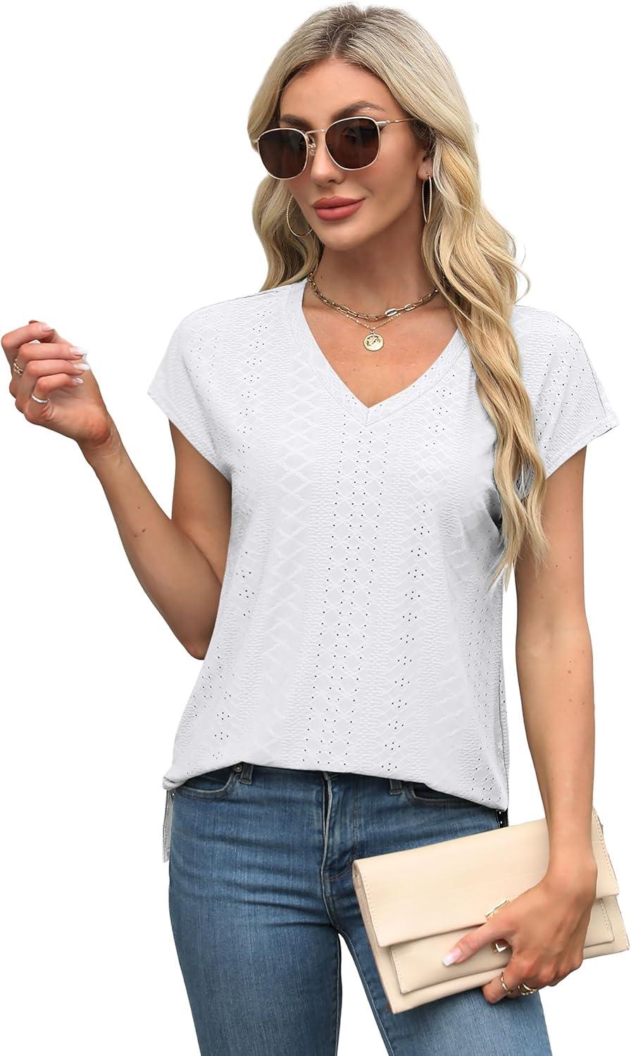 imageXIEERDUO Womens Tops V Neck Cap Sleeve Loose Fit Tee Shirts Summer Spring 2025 EyeletPrintedEyelet White