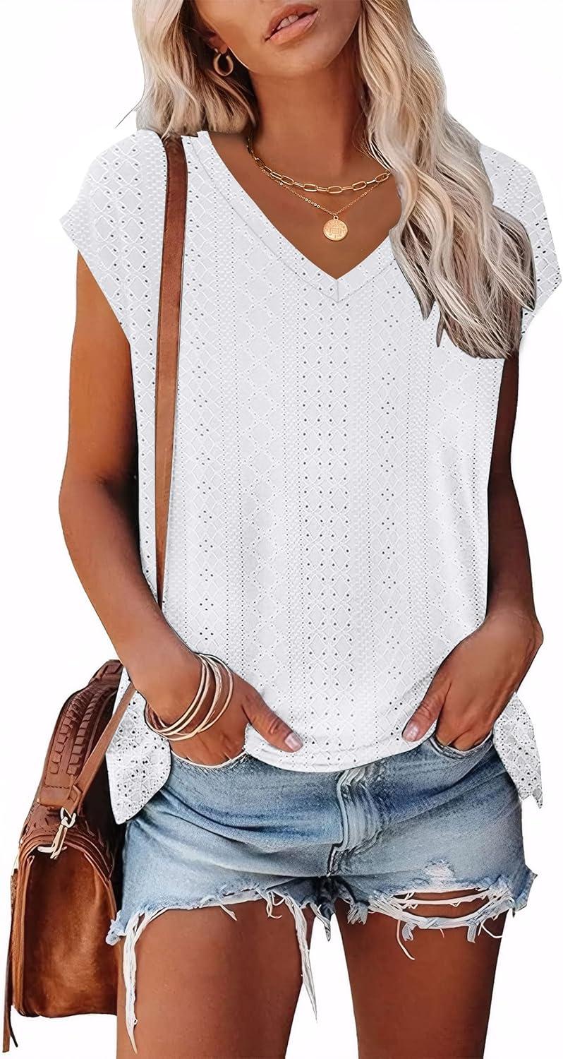 imageXIEERDUO Womens Tops V Neck Cap Sleeve Loose Fit Tee Shirts Summer Spring 2025 EyeletPrintedEyelet White