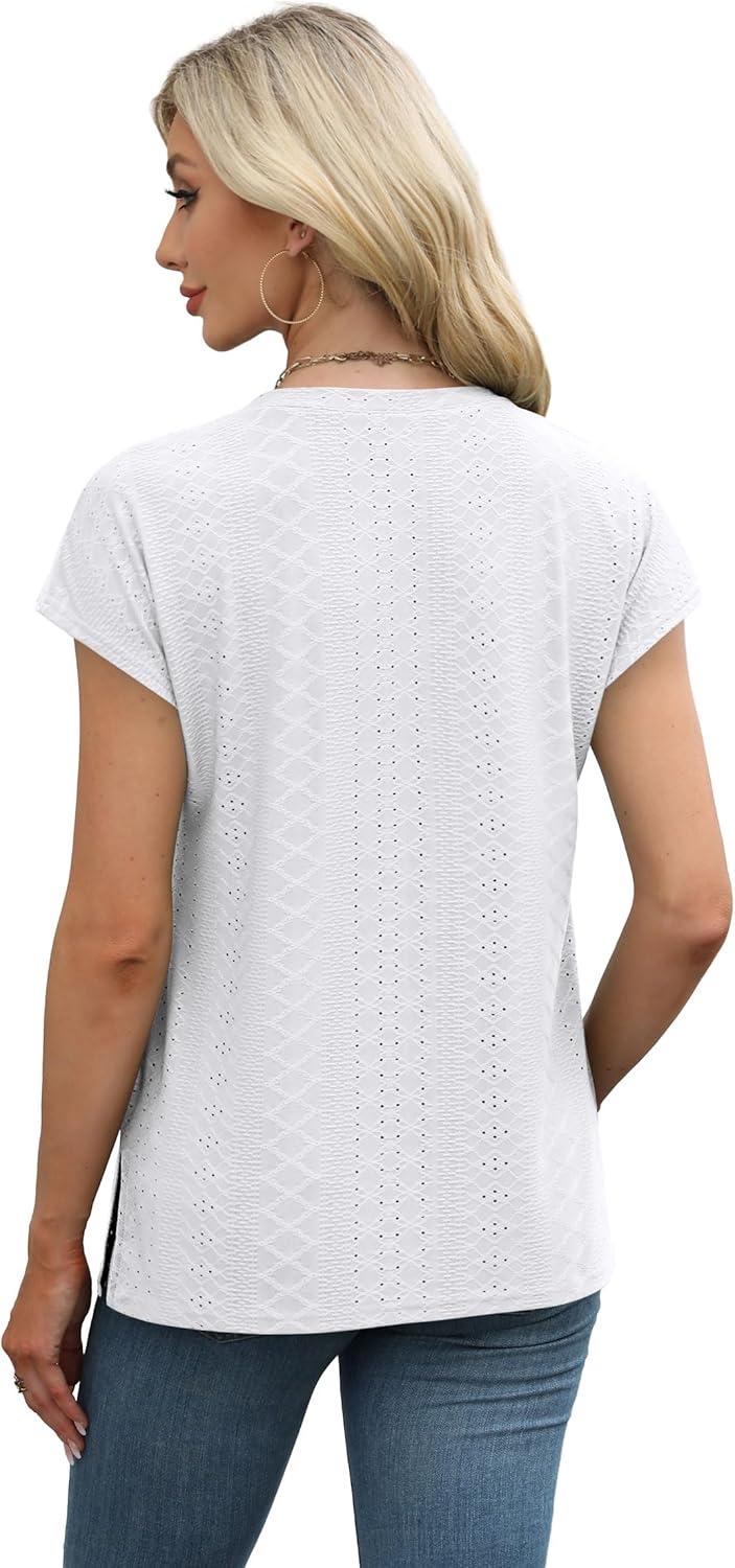 imageXIEERDUO Womens Tops V Neck Cap Sleeve Loose Fit Tee Shirts Summer Spring 2025 EyeletPrintedEyelet White
