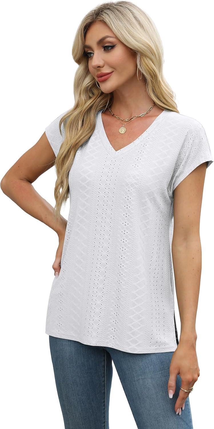 imageXIEERDUO Womens Tops V Neck Cap Sleeve Loose Fit Tee Shirts Summer Spring 2025 EyeletPrintedEyelet White