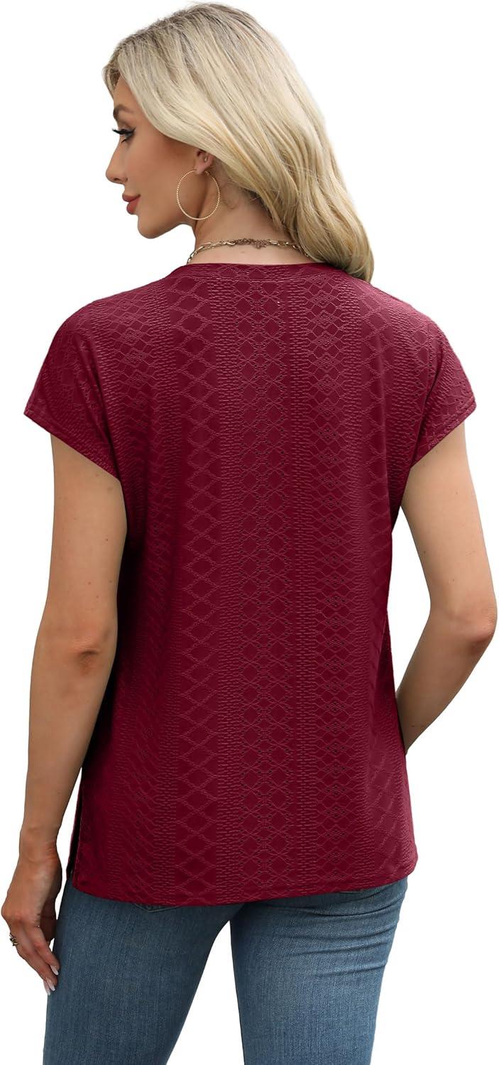 imageXIEERDUO Womens Tops V Neck Cap Sleeve Loose Fit Tee Shirts Summer Spring 2025 EyeletPrintedEyelet Winered