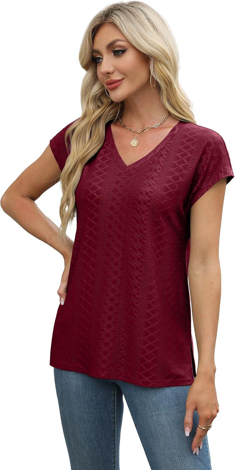 imageXIEERDUO Womens Tops V Neck Cap Sleeve Loose Fit Tee Shirts Summer Spring 2025 EyeletPrintedEyelet Winered