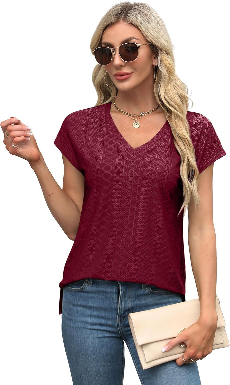 imageXIEERDUO Womens Tops V Neck Cap Sleeve Loose Fit Tee Shirts Summer Spring 2025 EyeletPrintedEyelet Winered