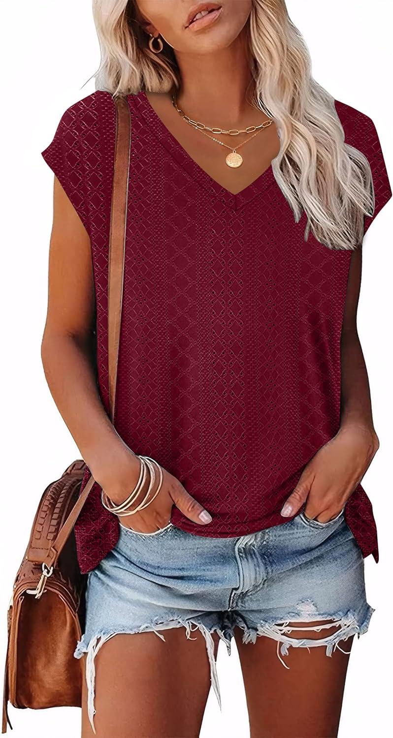 imageXIEERDUO Womens Tops V Neck Cap Sleeve Loose Fit Tee Shirts Summer Spring 2025 EyeletPrintedEyelet Winered