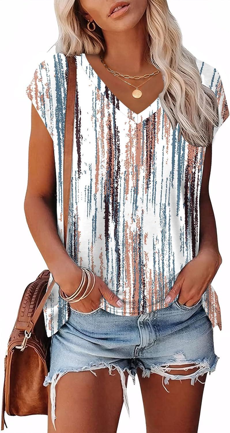imageXIEERDUO Womens Tops V Neck Cap Sleeve Loose Fit Tee Shirts Summer Spring 2025 EyeletPrintedPrinted B