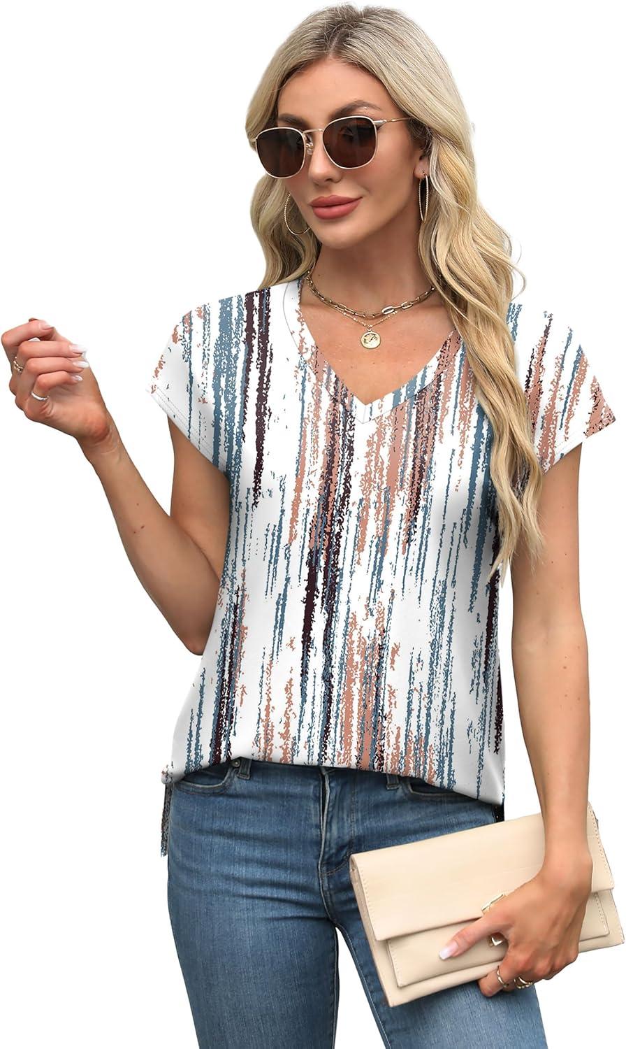imageXIEERDUO Womens Tops V Neck Cap Sleeve Loose Fit Tee Shirts Summer Spring 2025 EyeletPrintedPrinted B