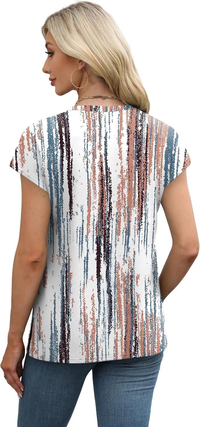 imageXIEERDUO Womens Tops V Neck Cap Sleeve Loose Fit Tee Shirts Summer Spring 2025 EyeletPrintedPrinted B