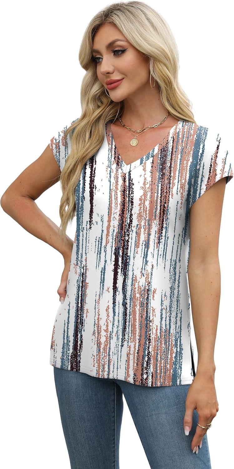 imageXIEERDUO Womens Tops V Neck Cap Sleeve Loose Fit Tee Shirts Summer Spring 2025 EyeletPrintedPrinted B