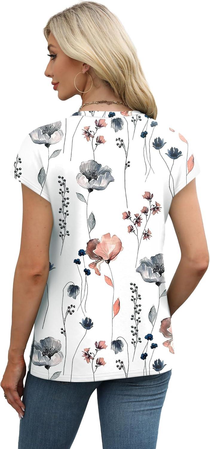 imageXIEERDUO Womens Tops V Neck Cap Sleeve Loose Fit Tee Shirts Summer Spring 2025 EyeletPrintedPrinted D