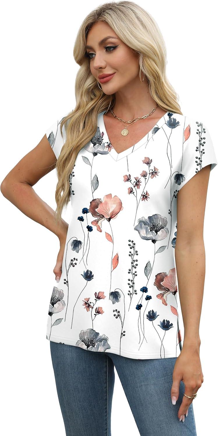 imageXIEERDUO Womens Tops V Neck Cap Sleeve Loose Fit Tee Shirts Summer Spring 2025 EyeletPrintedPrinted D